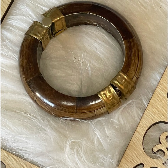 Indian Style Brass & Wood Bracelet. 3" x 1 1/4” wide. - Picture 4 of 6